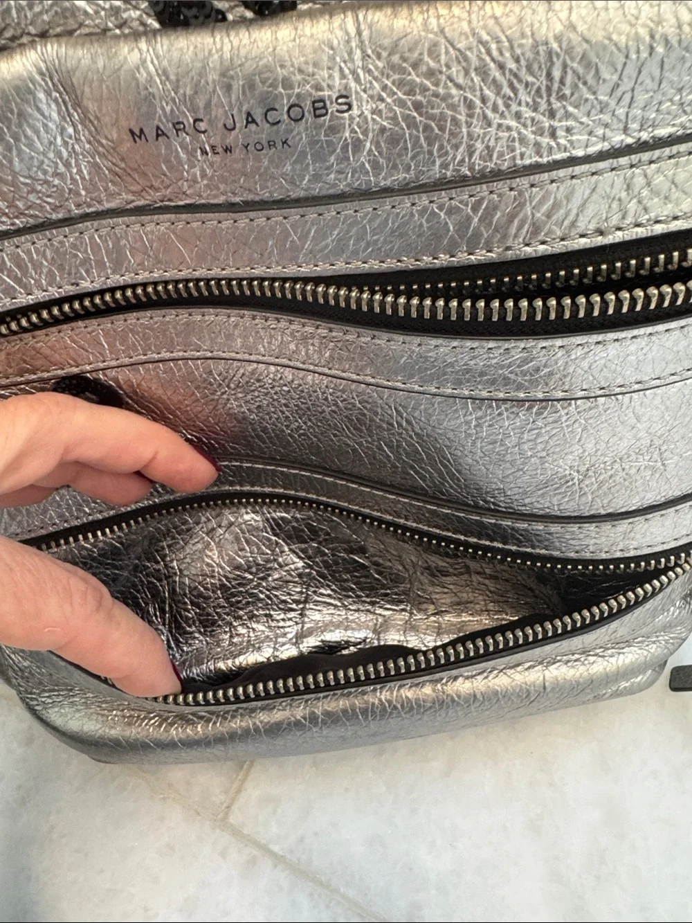 Marc Jacobs Silver Metallic Mini Backpack with Black Embellishment